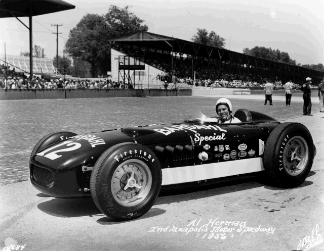 Al Herman after qualifying for the 1956 Indianapolis 500 in the #12 Bardahl Special (KK500B/Offy). -- Photo by: No Photographer