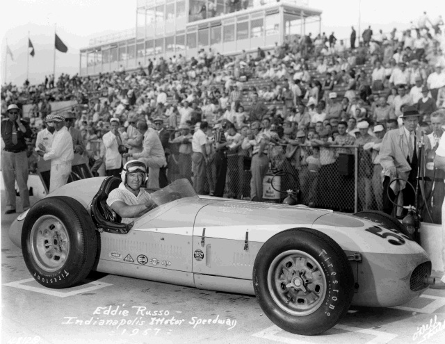 Eddie Russo in the #55 Sclavi & Amos Special (KK500C/Offy) after qualifying for the 1957 Indianapolis 500. -- Photo by: No Photographer