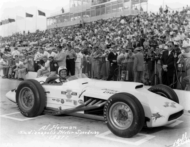 Al Herman in the #89 Dunn Engineering Dunn Offy after qualifying for the 1957 Indianapolis 500. -- Photo by: No Photographer