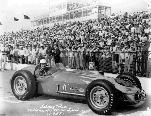 Johnny Tolan in the #28 Greenman-Casale Kuzma Offy after qualifying for the 1957 Indianapolis 500. -- Photo by: No Photographer
