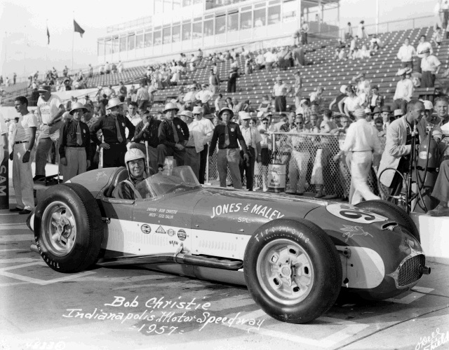 Bob Christe driver of the #95 Jones & Maley KK500C/Offy after qualifying for the 1957 Indianapolis 500. -- Photo by: No Photographer
