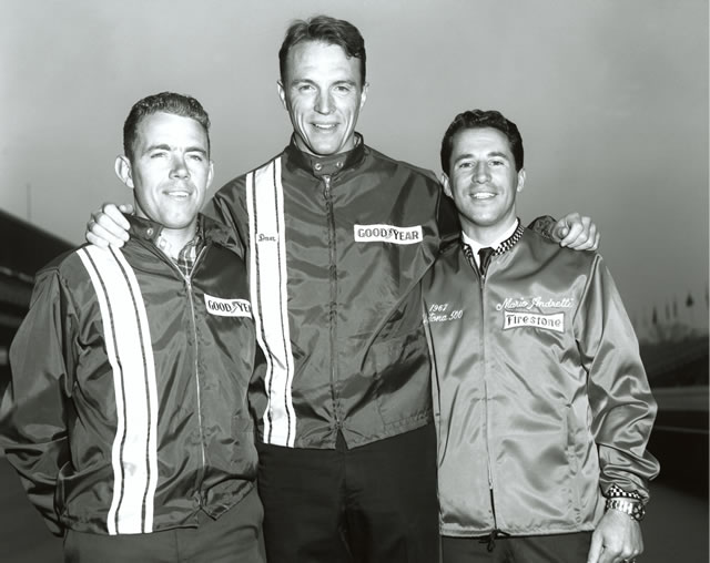 The drivers who started in front row for the 1967 Indianapolis 500 - Gordon Johncock (L), Dan Gurney, Mario Andretti (R) -- Photo by: No Photographer