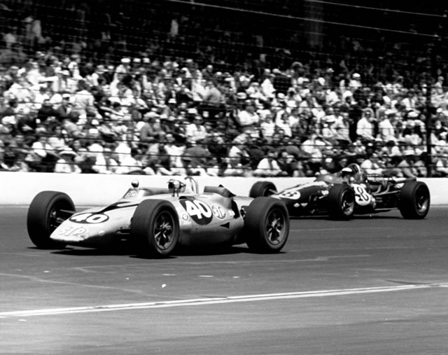 Parnelli Jones, #40, STP Oil Treatment, Granatelli, Pratt & Whitney leads Jochen Rindt, #48, Wagner Lockheed Brake Fluid, Eagle, Ford-Weslake during 1967 Indianapolis 500. -- Photo by: No Photographer