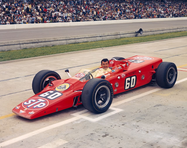 Joe Leonard in the #60 STP Oil Treatment Special (Lotus/Pratt & Whitney Turbine) after qualifying on the pole for the 1968 Indianapolis 500 at the Indianapolis Motor Speedway. -- Photo by: No Photographer