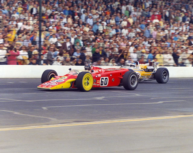 #60 Joe Leonard leads #18 Johnny Rutherford during 1968 Indianapolis 500. -- Photo by: No Photographer