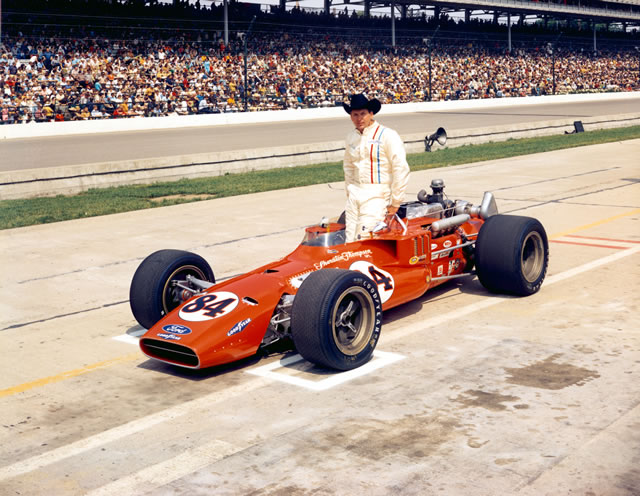 George Snider in the #84 Sheraton-Thompson Special (Coyote/Ford) after qualifying for the 1969 Indianapolis 500 at the Indianapolis Motor Speedway. -- Photo by: No Photographer