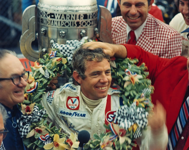 Gordon Johncock celebrates in Victory Circle after winning the 1973 Indianapolis 500 at the Indianapolis Motor Speedway. -- Photo by: No Photographer