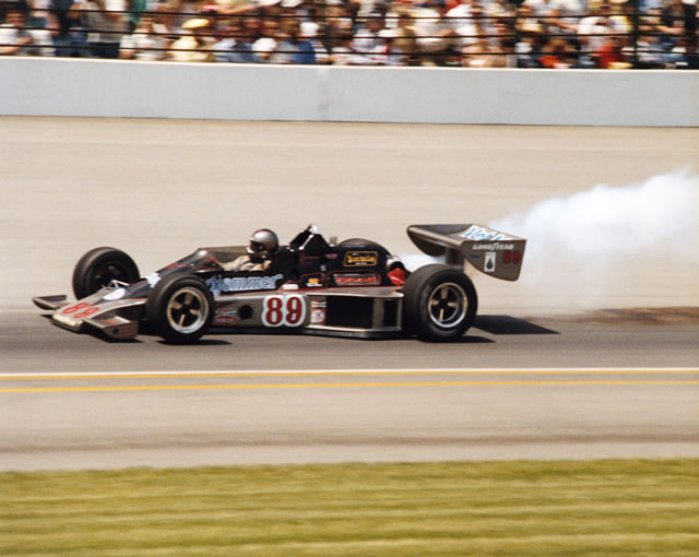 Lee Kunzman, #89, Vetter Windjammer, Parnelli, Cosworth with smoke trailing from car during 1979 Indianapolis 500. -- Photo by: No Photographer