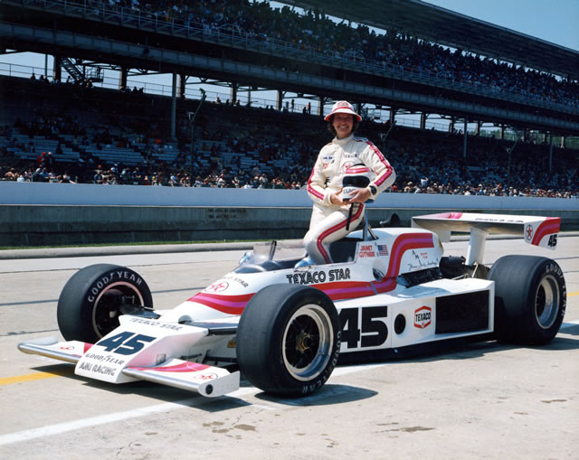 Janet Guthrie in the #45 Texaco Star Special (Lola/Cosworth) after qualifying for the 1979 Indianapolis 500 at the Indianapolis Motor Speedway. -- Photo by: No Photographer