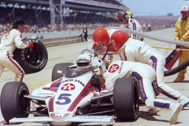 Tom Sneva, #5, Texaco Star, March, Cosworth during pit stop in 1983 Indianapolis 500 -- Photo by: No Photographer