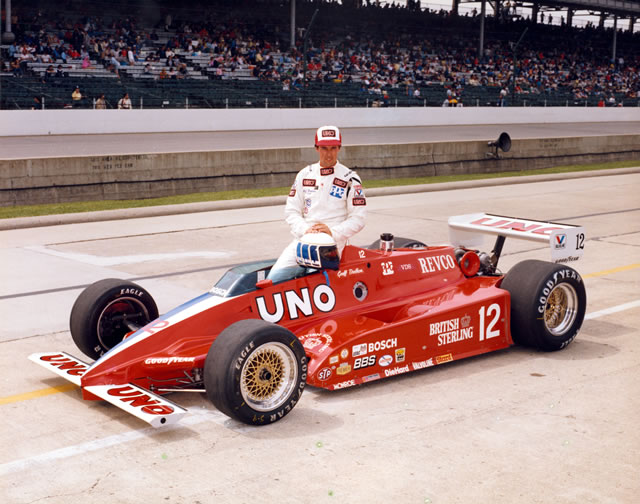 Geoff Brabham, driver of the #12, UNO/British Sterling, Penske, Cosworth at the Indianapolis Motor Spedway during Indianapolis 500 qualifying. -- Photo by: No Photographer
