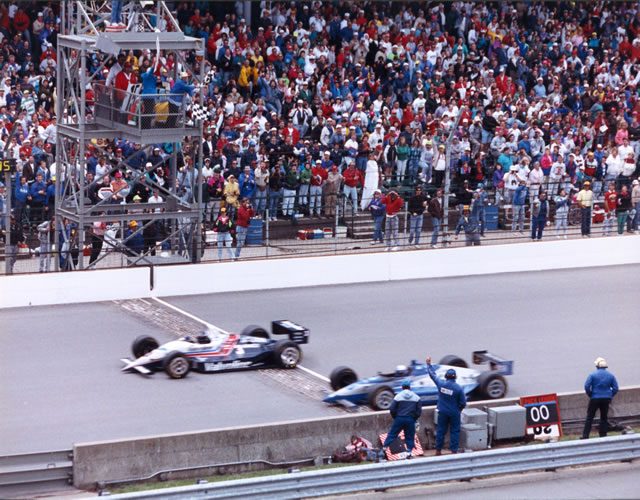 Al Unser Jr wins his first Indianapolis 500 by .043 sec. over Scott Goodyear in the closest Indianapolis 500 1-2 finish in history. -- Photo by: No Photographer