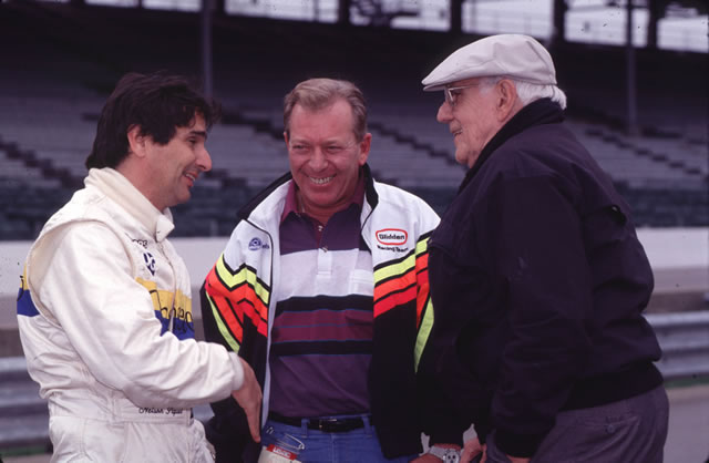 Nelson Piquet, Gary Bettenhausen and Indianapolis Motor Speedway public address announcer Tom Carnegie. -- Photo by: No Photographer