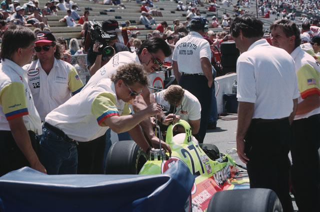 Team Menard crew members work on the #27 Conseco Special Buick driven by Al Unser Sr. -- Photo by: No Photographer
