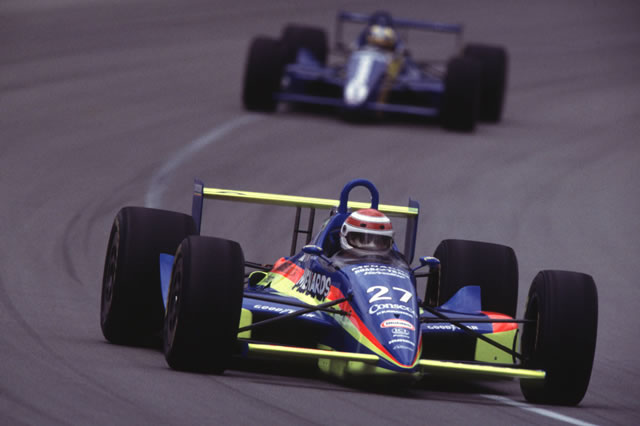 Nelson Piquet in the #27 Menards Conseco Buick leads Raul Boesel  in the Panasonic/Sega Chevy during a practice session. -- Photo by: No Photographer