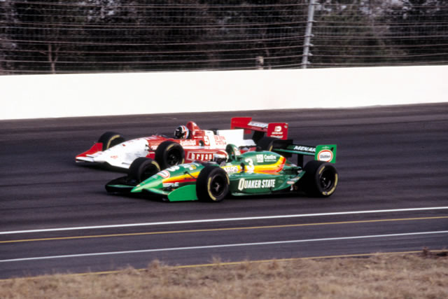 Eddie Cheever Jr., #3, Quaker State Menards Special, Lola, Menard V6 races with Arie Luyendyk, #5, Jonathan Byrd's Cafeteria/Bryant Heating & Cooling, Reynard, Ford Cosworth XB -- Photo by: No Photographer