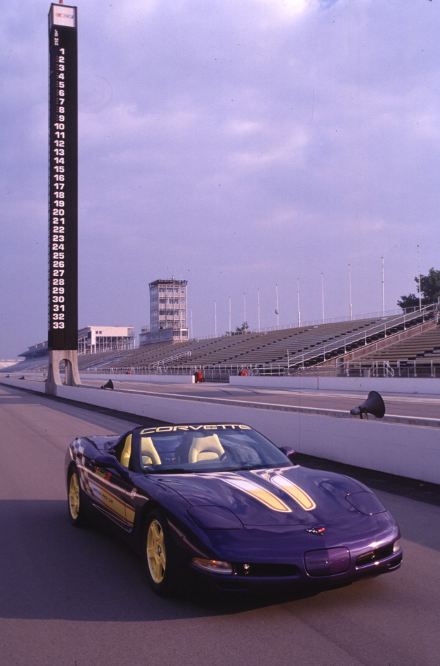 The Chevrolet Corvette, Official Pace Car of the 1998 Indianapolis 500, on the front stretch of the Indianapolis Motor Speedway. -- Photo by: No Photographer