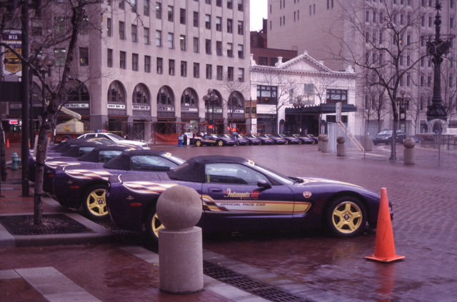 1998 Chevrolet Corvette pace cars on display around Monument Circle in downtown Indianapolis. -- Photo by: No Photographer