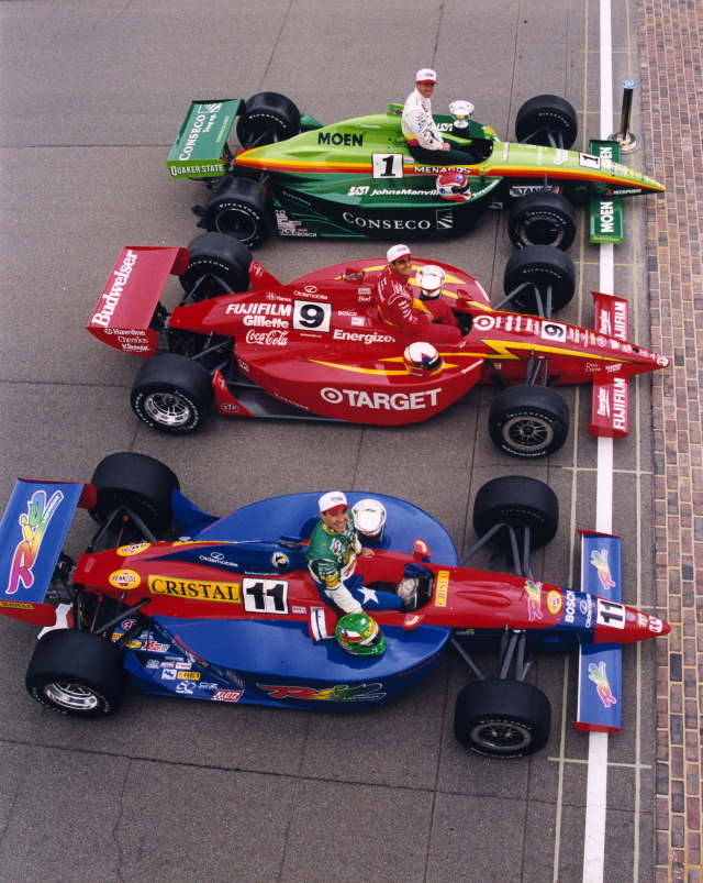 Front row of of the 2000 Indianapolis 500 -- Greg Ray, #1, Team Conseco/Quaker State/Moen/Menards, Dallara, Oldsmobile; Juan Pablo Montoya, #9, Target, G Force, Oldsmobile; Eliseo Salazar, #11, Rio A.J. Foyt Racing, G Force, Oldsmobile -- Photo by: No Photographer