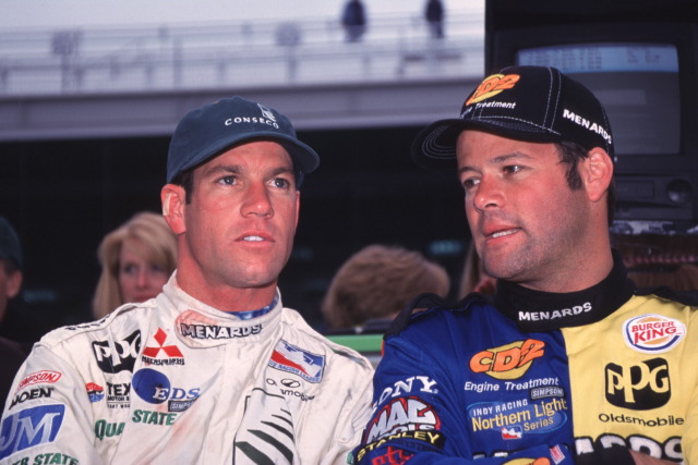 Teammates Greg Ray (left), driver of the #1, Team Conseco/Quaker State/Moen/Menards, Dallara, Oldsmobile and Robby Gordon, driver of the #32, Turtle Wax/Burger King/Moen/Johns Manville/Menards, Dallara, Oldsmobile. -- Photo by: No Photographer