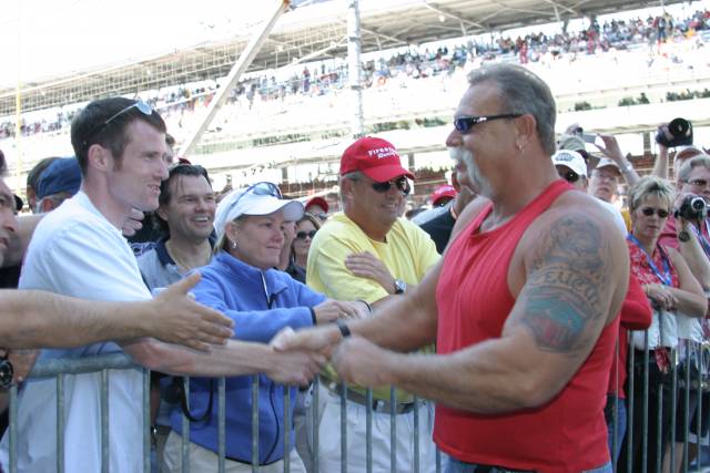 Orange County Chopper star Paul Teutul shakes hands with a few of his fans at the Indianapolis 500. -- Photo by: Kay Nichols
