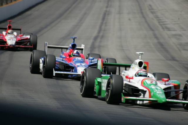 Andretti Green Racing teammates Tony Kanaan, Dario Franchitti and Dan Wheldon run 1-2-3 during the 89th running of the Indianapolis 500 at the Indianapolis Motor Speedway. -- Photo by: Michael Voorhees