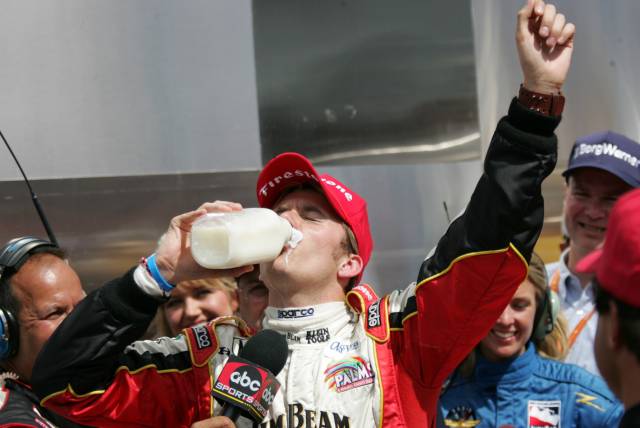 Dan Wheldon celebrates his winning the 89th running of the Indianapolis 500 at the Indianapolis Motor Speedway.  -- Photo by: Michael Voorhees
