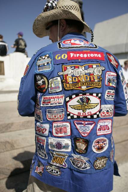A fan shows of his patch jacket before the 89th running of the Indianapolis 500 at the Indianapolis Motor Speedway. -- Photo by: Michael Voorhees
