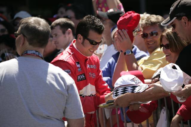 Sam Hornish, Jr. signs autographs before the 89th running of the Indianapolis 500 at the Indianapolis Motor Speedway.  -- Photo by: Michael Voorhees