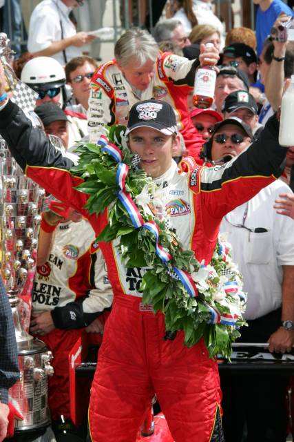 Dan Wheldon celebrates his winning the 89th running of the Indianapolis 500 at the Indianapolis Motor Speedway.  -- Photo by: Shawn Payne