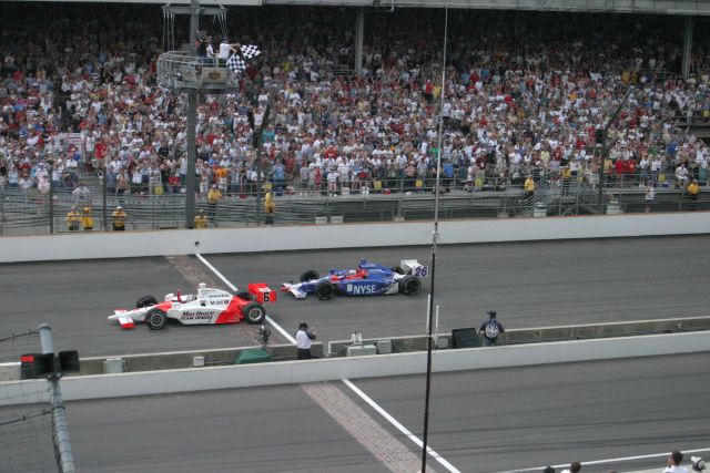The second closest finish in the history of the Indianapolis 500. Sam Hornish Jr.'s No. 6 Marlboro Team Penske car won the race with rookie Marco Andretti in the No. 26 NYSE Group car barely behind him. -- Photo by: Bill Watson
