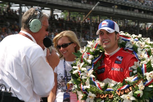 Sam Hornish Jr. wears the winner's wreath after winning the 90th running of the Indianapolis 500. -- Photo by: Chris Jones