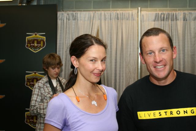 Ashley Judd, left, and Lance Armstrong at the 90th running of the Indianapolis 500. Ashley is married to driver Dario Franchitti and Lance drove the Chevrolet Corvette Z06 pace car. -- Photo by: Dave Edelstein