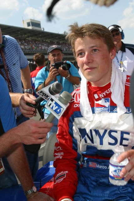 Marco Andretti answers questions after placing second in the 90th running of the Indianapolis 500. -- Photo by: Kay Nichols