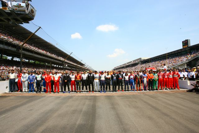 All of the drivers in the 90th running of the Indianapolis 500 along the fabled yard of bricks at the Indianapolis 500 before the race. -- Photo by: Ron McQueeney