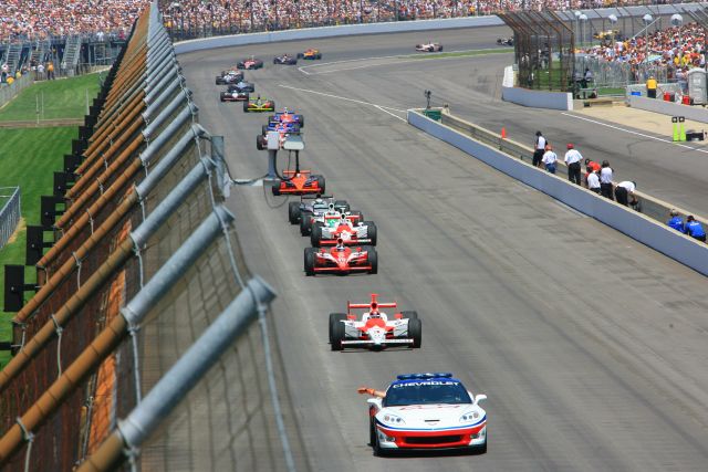 The Chevrolet Corvette Z06 pace car leads the field at the 90th running of the Indianapolis 500. -- Photo by: Ron McQueeney
