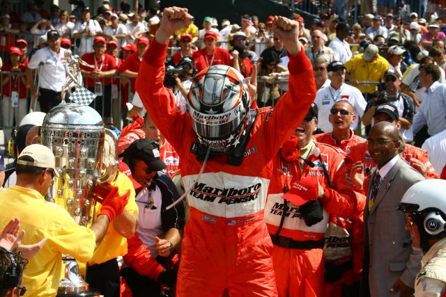 Sam Hornish Jr. is ecstatic after winning the 90th running of the Indianapolis 500. -- Photo by: Shawn Payne