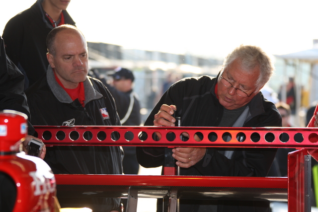 IndyCar Series crews check wing specifications on the morning of Pole Day qualifying. -- Photo by: Dana Garrett