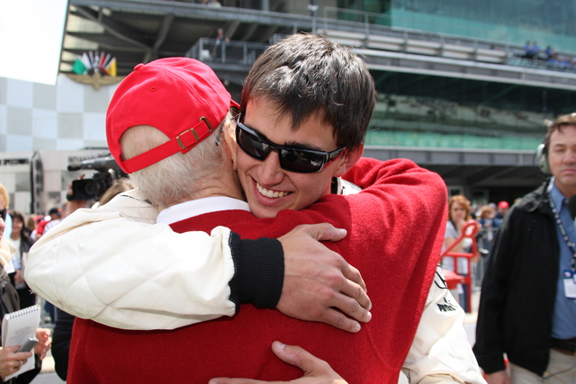 Graham Rahal gets a congratulatory hug from Paul Newman after his qualification run on Pole Day at the Indianapolis Motor Speedway. -- Photo by: Dana Garrett