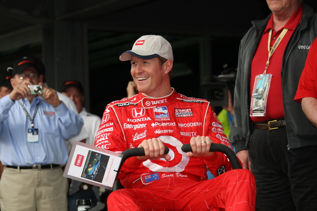 PEAK Motor Oil Pole Award winner Scott Dixon enjoys his new ride after qualifications on Pole Day at the Indianapolis Motor Speedway. -- Photo by: Dana Garrett