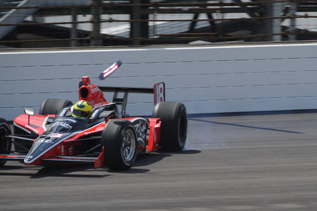 Bruno Junqueira spins during qualifications on Pole Day at the Indianapolis Motor Speedway. -- Photo by: Jessica Hoffman