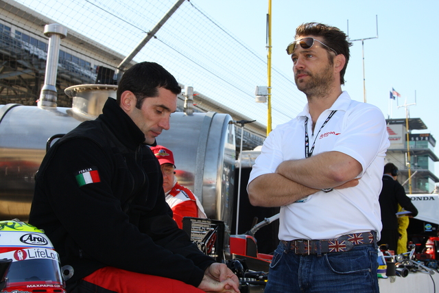 Max Papis and team owner, Jason Priestly, during practice on Pole Day at the Indianapolis Motor Speedway. -- Photo by: Shawn Payne