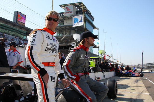 Davey Hamilton and A.J.Foyt IV during practice on Pole Day at the Indianapolis Motor Speedway. -- Photo by: Shawn Payne