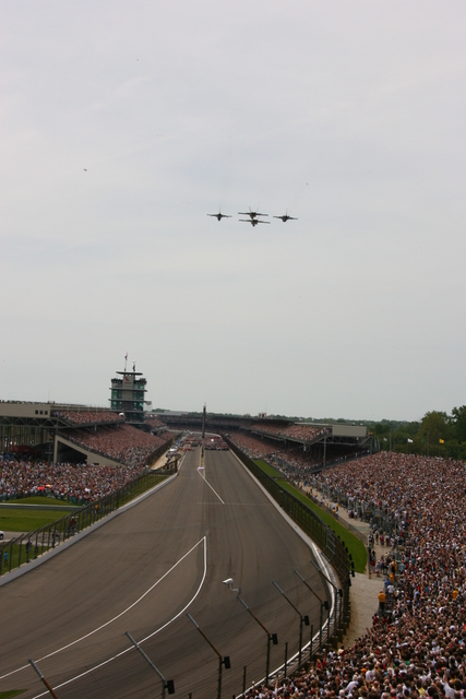 Flyover by two F-16 Vipers and two F/A-18 Hornets from the Naval Strike and Air Warfare Center, during The 92nd Indianapolis 500. -- Photo by: Bret Kelley