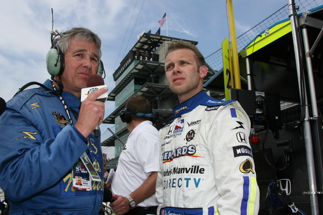 Ed Carpenter gets interviewed for the IMS Radio Network at the 92nd Indianapolis 500. -- Photo by: Chris Jones