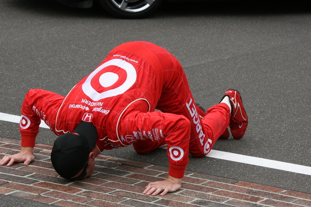 Scott Dixon kisses the bricks after winning the 92nd Indianapolis 500. -- Photo by: Chris Jones