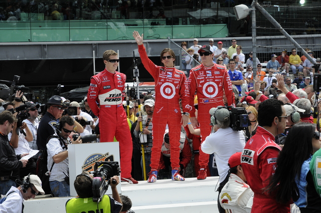 The front row is introduced to the crowd before the 92nd Indianapolis 500. -- Photo by: Dave Edelstein