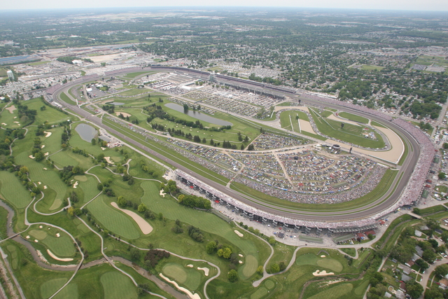 An aerial photo of Indianapolis Motor Speedway during the 92nd Indianapolis 500. -- Photo by: Dana Garrett
