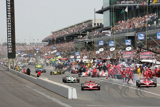 Many cars leave the pits during the 92nd Indianapolis 500. -- Photo by: Dan Helrigel