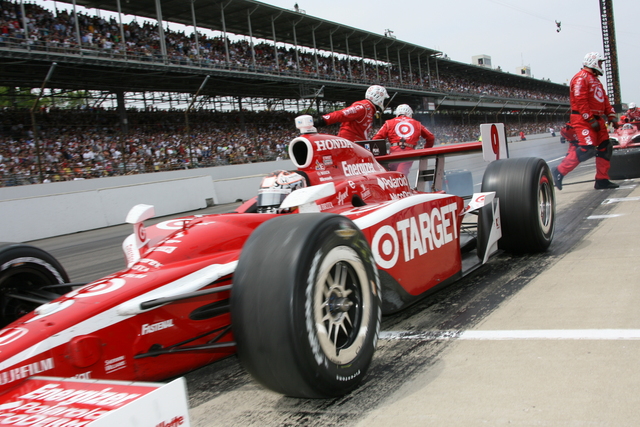 Scott Dixon is pushed out of the pits following a stop during the 92nd Indianapolis 500. -- Photo by: Dan Helrigel